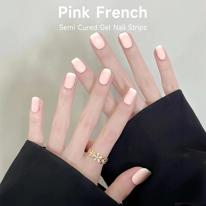 Semi Cured Gel Nail Strips, 28 pcs UV Gel Nail Stickers Full Nails Wraps for Women Home DIY Nails Art, UV Light Required(Pink French)