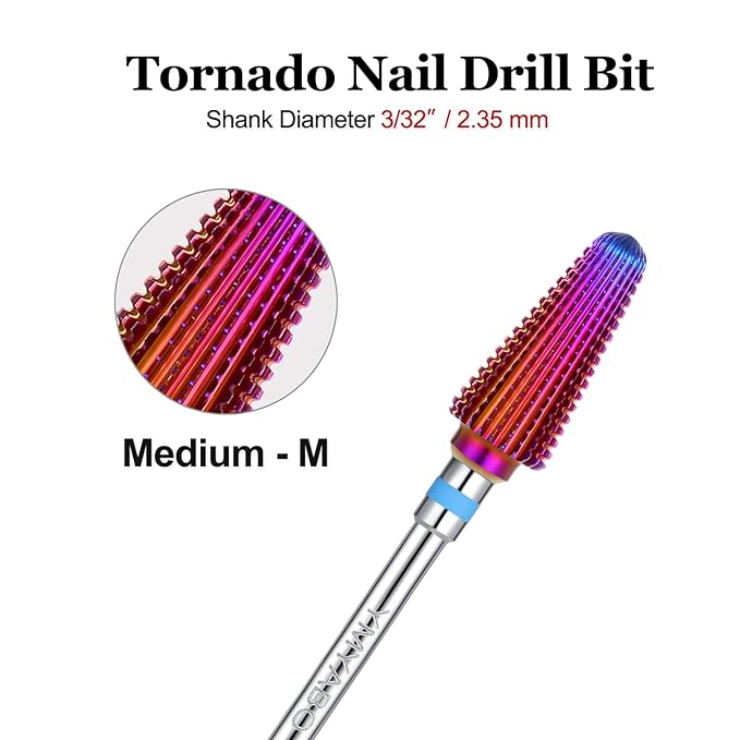 Nail Drill Bit,Professional 3/32" Purple Tornado Carbide Tungsten Multifunction Bits， Fast Remove for Hard Gel and Acrylic, Manicure Pedicure Cuticle Nail Polishing Tool-Medium