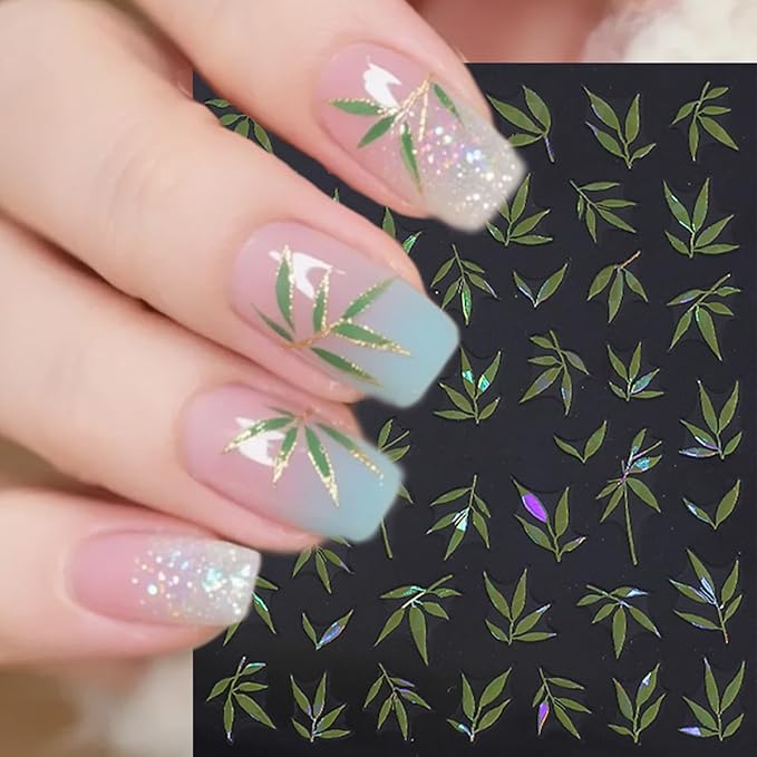 5 Sheets Fall Nail Stickers Colorful Bamboo Leaf Nails Decals 3D Self Adhesive Orange Blue Green Silver Gold Nails Design Autumn Nail Art Stickers Fall Leaves Sticker for Women Manicure Supplies