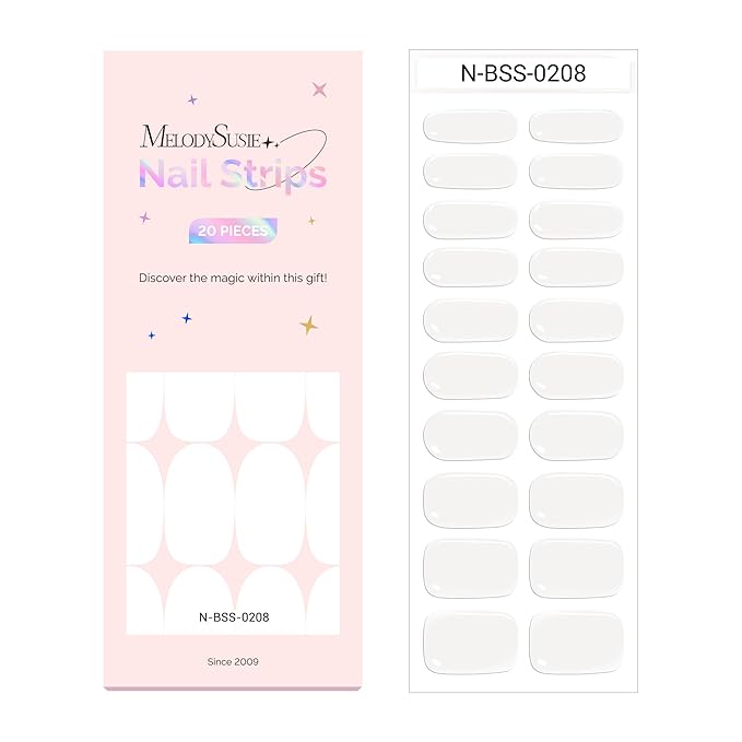 MelodySusie Semi Cured Gel Nail Strips (White), Works with Nail Lamp, Salon Quality, Long Lasting, Easy to Apply and Remove, Includes 20Pcs, 2 Prep Pads, Nail File and Wooden Stick