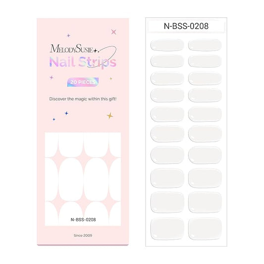 MelodySusie Semi Cured Gel Nail Strips (White), Works with Nail Lamp, Salon Quality, Long Lasting, Easy to Apply and Remove, Includes 20Pcs, 2 Prep Pads, Nail File and Wooden Stick