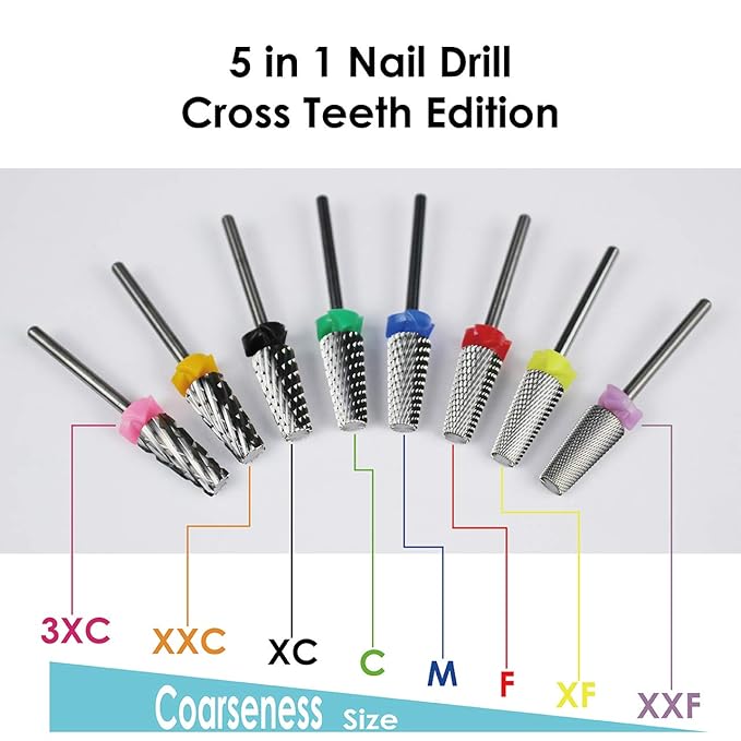 C & I 5 in 1 Multi-Function Tapered Shape Nail Drill, Cross Teeth Edition, Professional Drill Bit for Nail Manicure Machine (Coarse - C)