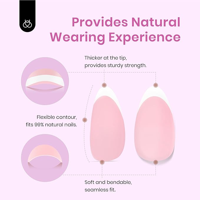 Beetles French Tips Press On Nails: 224 Pcs Pink French Tip Nails Short Almond Fake Nail Tips, Soft Gel Nail False Nails No Need to File DIY Art Design Gifts for Women