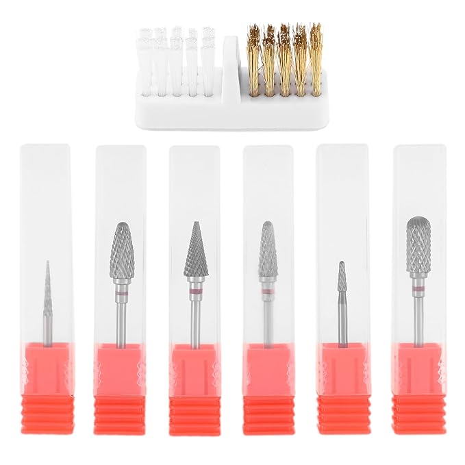 dophee 6 Pack Nail Drill Bits Set for Acrylic Nails, 3/32" Shank Electric Nail Grinding Head Polishing Remover Tool for Nail Art Salon Cuticle Cleaner, Fine Grit, Red