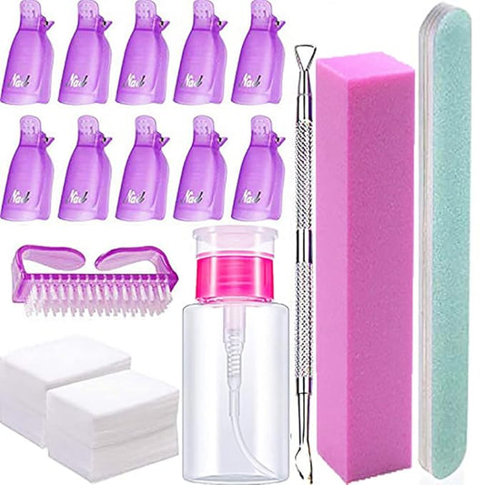 Nail Polish Remover Tools Kit - 500 Pcs Polish Remover Cotton Pads, 10 Pcs Purple Polish Remover Clips Caps, 1pc Nail Polish Remover Bottle, 1pc Cuticle Pusher, 1pc Nail Brush, 100/180 Grit Nail File and Rectangular Nail Buffer Block Tools