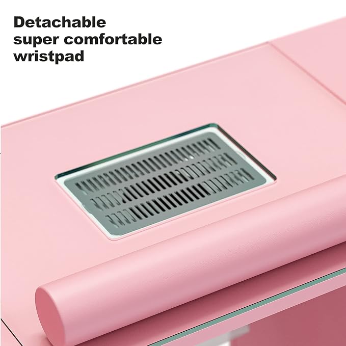 Paddie Manicure Table, Glass Top Nail Makeup Desk Nail Table Station for Nail Tech w/Electric Downdraft Vent, Wrist Cushion, Lockable Wheels, Storage Drawers, Wooden Handles（Pink）