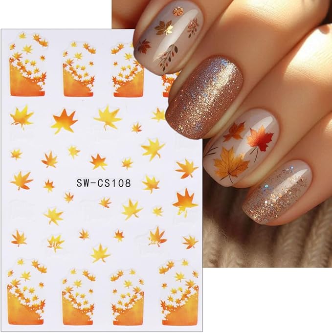 6 Sheets Fall Maple Leaf Nail Stickers Thanksgiving Nail Art Stickers 3D Self-Adhesive Gold Maple Leaves Nail Decals Autumn Fallen Leaves Ginkgo Leaf Nail Decoration for Women Girls Nail Art Designs