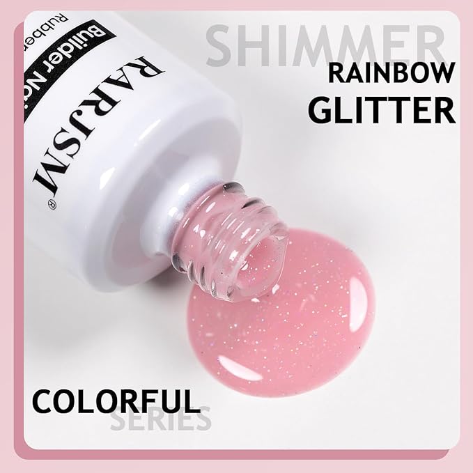 RARJSM Rainbow Glitter Rubber Base Gel Nail Polish Nude Light Pink Rubber Base Iridescent Shimmer Brush on Quick Extend Builder Hard Gel Soak Off Curing Requires 15ml Salon Home French Manicure