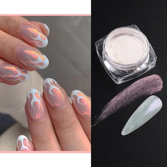 Pearl Chrome Nail Powder Set - 6 Colors Aurora Powder Mermaid Effect for Nails Iridescent Nail Glitter Shimmer White Rubbing Dust Nail Pigment Set Manicure Nail Art Decorations (Y451-459)