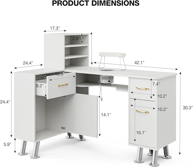 Manicure Table with Shelves, L-Shaped Nail Table Station w/Electric Downdraft Vent, Foldable Nail Arm Rest, Storage Cabinets, Drawers, Metal Handles & Legs for Nail Tech(White)