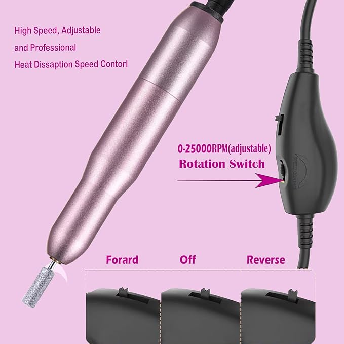 Portable Electric Nail Drill - Professional Manicure File With 25,000 RPM and 12 Bits for Gel Polish Removal