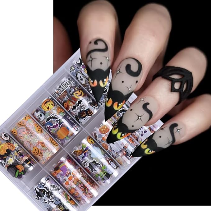 ONPRESS 10 Rolls Halloween Transfer Stickers Pumpkin Spider Vampires Devil Designs Nail Foil Set Fall Black Cat Tombstone Bat Nail Decals for DIY Nail Decoration DIY Adhesive Transfer Wraps Paper