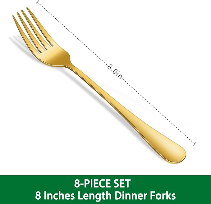 Gold Dinner Forks Set, 8-Piece 8 Inch PVD Gold Stainless Steel Cutlery Forks - Image 2