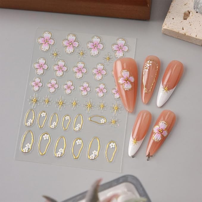 6 Sheets Flower Nail Art Stickers, 5D Embossed Hawaiian Floral Nail Decals 3D Self-Adhesive Hibiscus Tropical Floral Summer Spring Stickers for Women Girls DIY Manicure Decorations