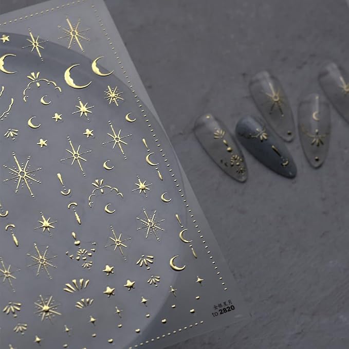 Moon Star Nail Art Stickers 5D Embossed Gold Star Nail Decals Gold Star Moon Nail Stickers for Nail Art Self-Adhesive Luxury Nail Design Star Nail Supplies for Women Girls DIY Manicure Decoration