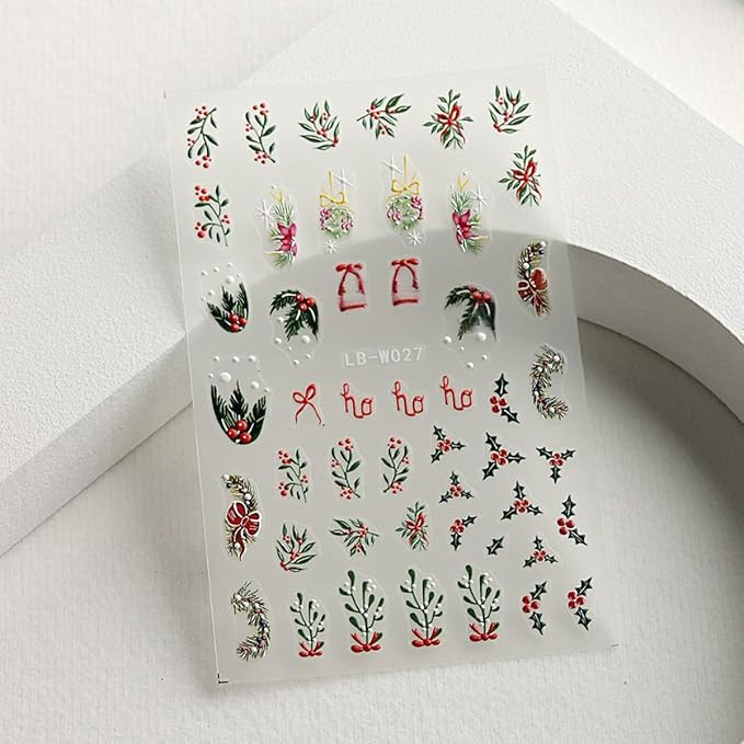 Christmas Nail Art Stickers Holly Leaf Snowflakes Nail Stickers 4PCS 5D Embossed Xmas Nail Decals Christmas Tree String Light Star Candy Cane Xmas Nails Art Design Supplies Adhesive Sliders for Women