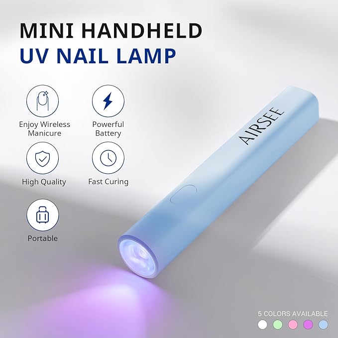 AIRSEE Mini Handheld UV Light,Portable Rechargeable Nail Lamps,2 Timers for Fast Nail Extension,Rhinestone Glue Decoration,Gel Strips at Home,Travel(Blue)