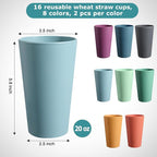 HEYCOME Set of 16 Wheat Straw Cups, Reusable Plastic Cups Sets, Water Glasses - Image 2