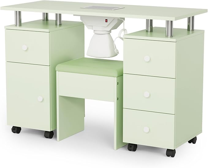 OmySalon Nail Desk and Chair Set, Manicure Table with Dust Collector, Arm Rest, 8 Wheels, Acetone Resistant Desktop, Drawers & Cabinet Storage for Makeup Beauty Salon (Mint Green)