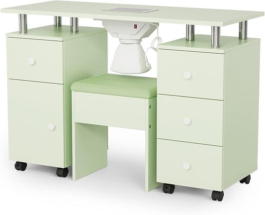 OmySalon Nail Desk and Chair Set, Manicure Table with Dust Collector, Arm Rest, 8 Wheels, Acetone Resistant Desktop, Drawers & Cabinet Storage for Makeup Beauty Salon (Mint Green)