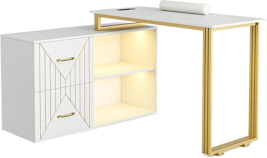 Paddie Manicure Table for Nail Tech with Wrist Cushion, Corner Nail Desk with 2 Drawers and 2 Shelves, Beauty Salon Nail Supplies Decor Station with 16 Colors LED Lights （White）