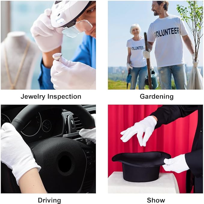 4 Pairs White Gloves, Breathable Cotton Gloves for Dry Hands Sleeping, Washable Eczema Moisturizing Glove Overnight for Women Men, Halloween Wedding Costume Work Glove for Serving Inspection