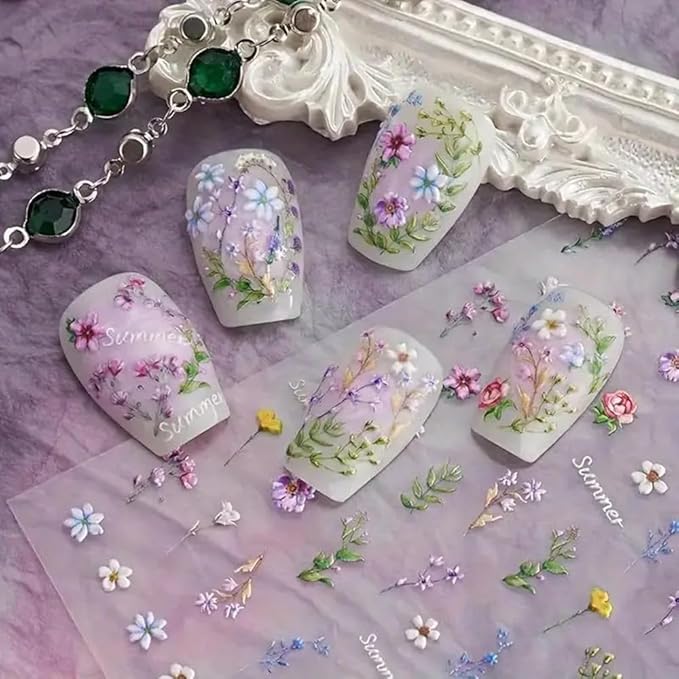 1Pcs Little Wild Flower Nail Stickers Small Daisy Nail Decals 5D Embossed Wildflower Nail Art Stickers Spring Summer Pink Yellow Blue White Green Flower Design Nail Art Decoration for Women Girls Kids