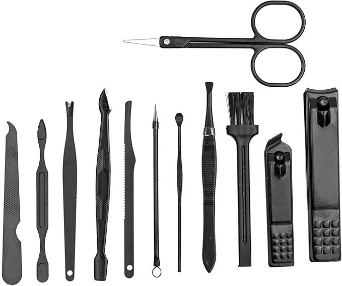 Nail Clipper Set, 12PCS Manicure Set Fingernail Clippers Kit Black Stainless Steel Pedicure and Manicure Kit with Grey PU Leather Case