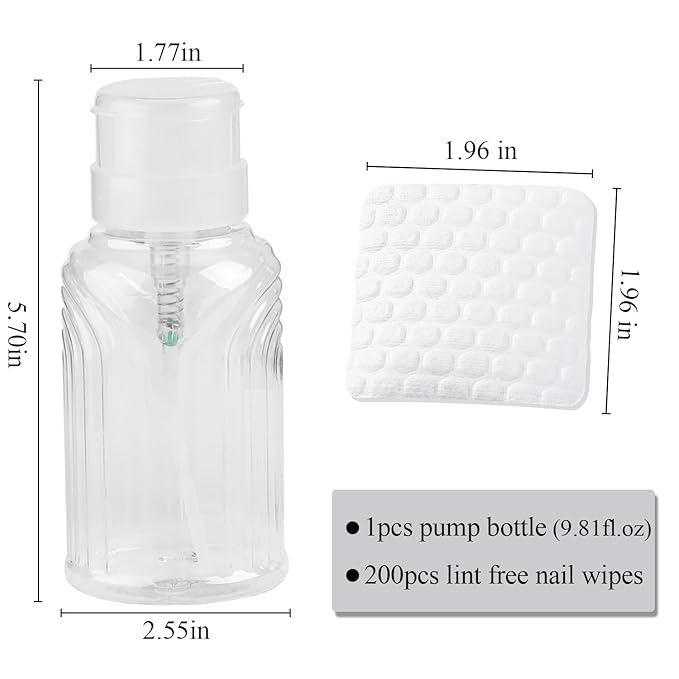 200pcs Nail Polish Remover Lint Free Nail Wipe, Soft Absorbent White Cotton Pad for Eyelash Extension Glue Cleaner Soak To Remove Acrylic Gel Push-Down Pump Dispenser Bottle 290ml(9.81fl.oz)