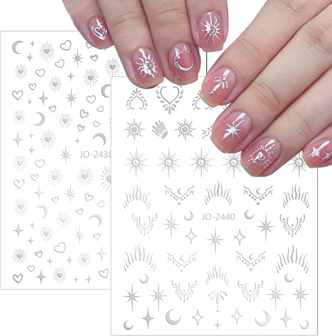8 Sheets Laser Sliver Sun Moon Star Nail Art Stickers 3D Self-Adhesive Silver Stars Heart Nail Stickers Silver Metallic Hollow Heart Moon Star Design Nail Decals for Women Girls Nail Decorations