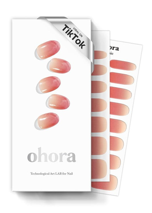 ohora Semi Cured Gel Nail Strips (N Basic Nails no.1) - Red, Ombre, Works with Any UV/LED Lamps, Salon-Quality, Long Lasting, Easy to Apply & Remove - Includes 2 Prep Pads, Nail File & Wooden Stick
