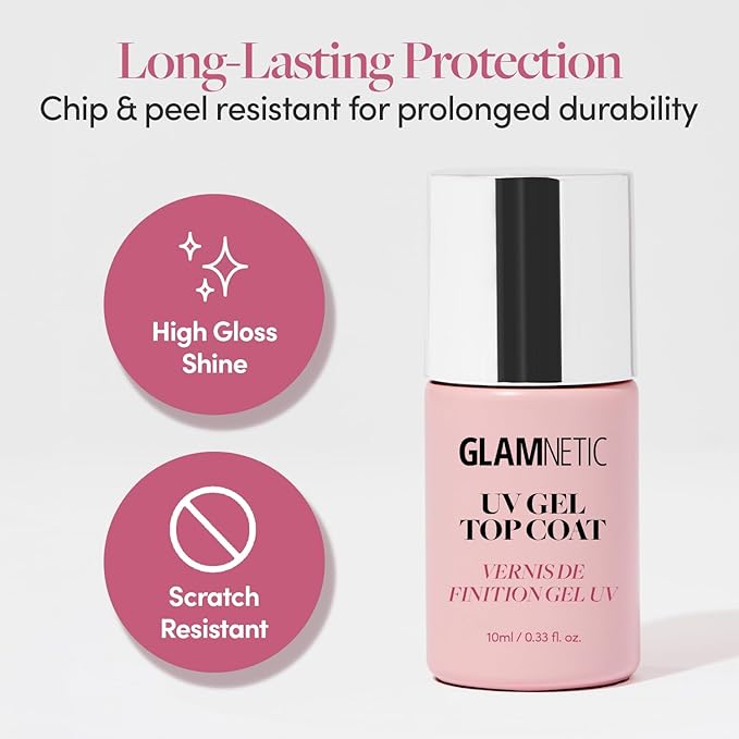 Glamnetic UV Gel Clear Top Coat | High-Gloss Finish | No-Wipe Formula | Works on Press-Ons & Polish | LED UV Curable | 0.33 fl. oz.