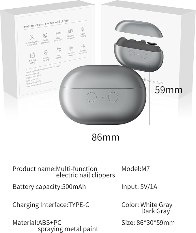 3-in-1 Electric Nail Clipper with Polishing & Nail Catcher - Automatic Nail Trimmer for Kids, Adults & Seniors - 2-Speed Adjustable, Type-C Charging, Portable & Easy to Use (Grey)