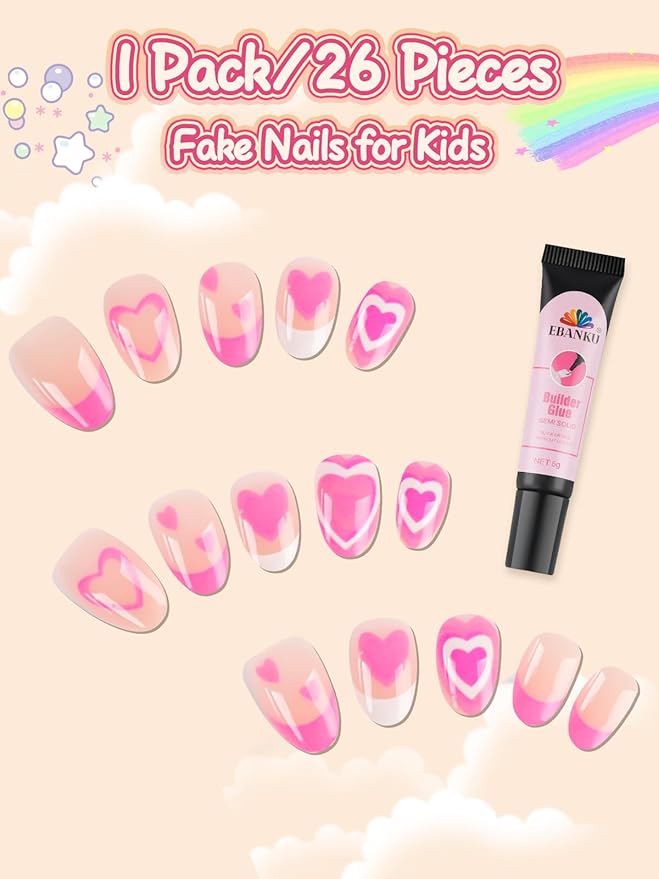 EBANKU 26 Pcs Press on Nails for Kids, Pink Heart Fake Nails for Girls 5-12 Years False Nails Kit with Nail Glue, Short Full Cover Press on Nails Tip for Child