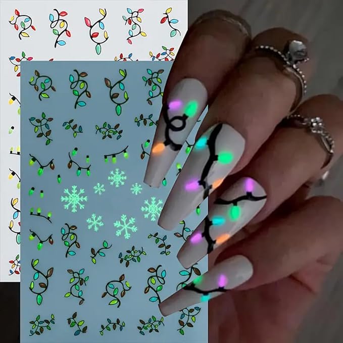 Christmas Nail Art Stickers Decals Glow in The Dark Colorful Light Christmas Nail Stickers 6PCS Gingerbread Man Snowflake Santa Claus Tree Self-Adhesive Luminous Xmas Nail Decals Supply for Women