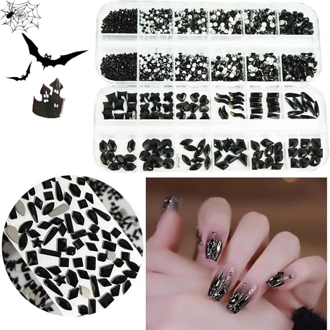 2680Pcs Black Rhinestones Nail Gems, 120pcs Big Black Nails Charms with Bling Flatback Round Beads, Light Black Clear Diamond Stones Jewelry Supplie for DIY Face Eyes Makeup Crafts Decoration