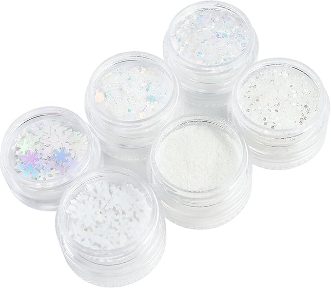 Snowflake Nail Art Glitter White Blue Winter Nail Sequins Flakes, White Manicure fine Glitter Powder, 3D Holographic Round Hexagon Nail Stickers Decals Supplies Nail Charms for Women 6 Box