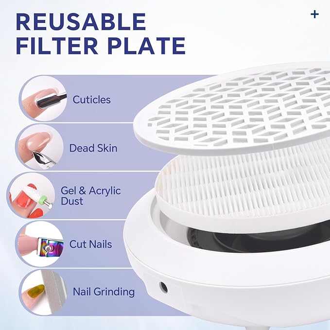 Nail Dust Collector Compact Vacuum Fan Duster with Reusable Filter Low Noise Powerful Vacuum Cleaner for Acrylic Gel Polished Nails, Nail Salon and Home (White)