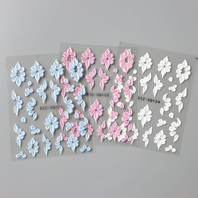 Flower Nail Stickers,9 Sheets 5D Embossed Floral Self-Adhesive Nail Decals,Pink White Blue Elegant Lace Flowers Petals Nail Art Design for Spring Summer Manicure Decor DIY Nail Supplies