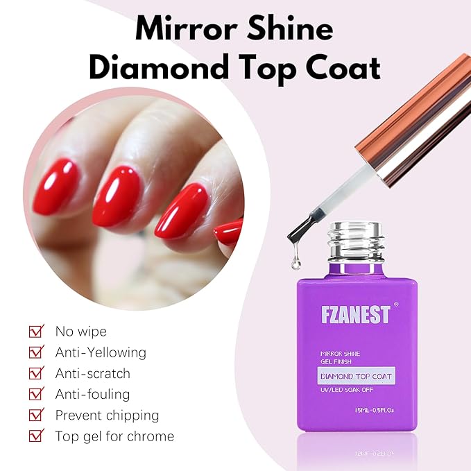 FZANEST Gel Top Coat Gel Nail Polish Matte Glossy Kit 15ml * 2PCS No Wipe Diamont Top Coat Chrome Proof Velvet Finish Good for Chrome Nail Powder Nail Art Design