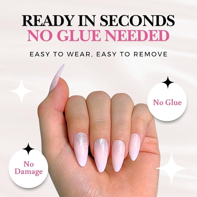 Perfect Look Press On Nails - Blush Sparkle | No Glue One-Day Nude Pink Almond Fake Nails with Glitter Tips for Weddings - 24 Pcs Nail Kit with Adhesive Tabs
