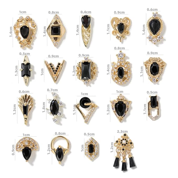 HNUIX Nail Charms and Gems - Gold Copper Zircon, Multiple Shapes, Metal BlackJewelry Rhinestones Charms, 18 Pieces