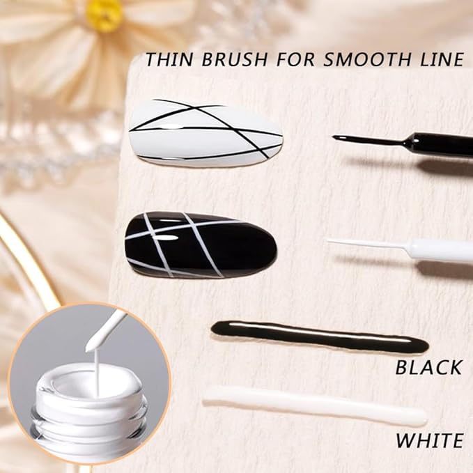 Painting Nail Gel Liner Polish Set, 2pcs 8ml Black White Glossy Painting Drawing Line Swirl French Nail Design DIY Manicure Soak Off UV Curing with Thin Nail Art Brush