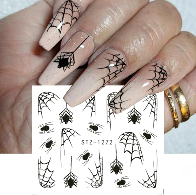 Halloween Nail Art Stickers Water Transfer Nail Decals 12Pcs Halloween Pumpkin Skeleton Spider Ghost Maple Leaf Designer Slider Nail Foils Fall Watermark Decals for Nail Manicure Accessories for Women