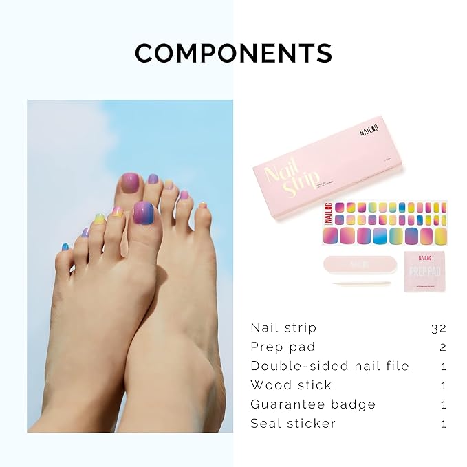 NAILOG Semi Cured Gel Nail Strips, Toe Nail Polish Strips with Glossy Gel Finishing | Buy 3 Get 1 UV Lamp| 32 Pieces Long Lasting Pedi Stickers | Rainbow