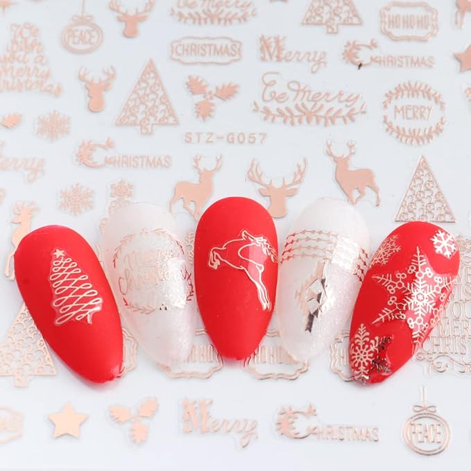 JMEOWIO 9 Sheets Christmas Nail Art Stickers Decals Self-Adhesive Pegatinas Uñas Navidad Rose Gold Winter Holiday Xmas Snowflake Nail Supplies Nail Art Design Decoration Accessories