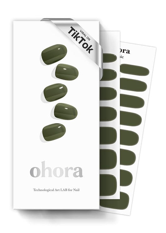 ohora Semi Cured Gel Nail Strips (N Cream Moss) - Green, Solid, Works with Any UV/LED Lamps, Salon-Quality, Long Lasting, Easy to Apply & Remove - Includes 2 Prep Pads, Nail File & Wooden Stick
