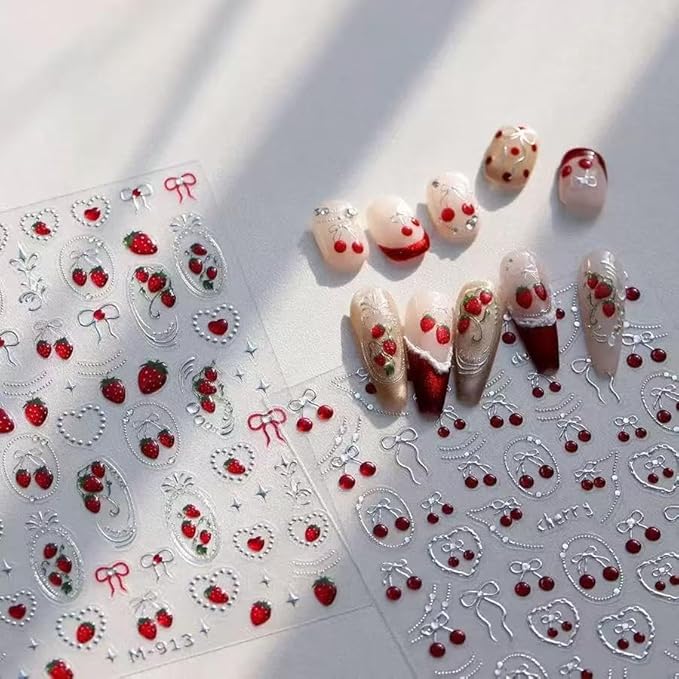 2 Sheets Red Strawberry Nail Stickers Silver Sliders Line Heart Nail Decals 3D Self-Adhesive Heart Nails Decals Cute Red Bow Design Strawberry Nails Supplies for Women Manicure