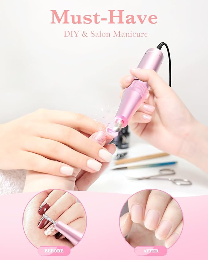 ENGERWALL Rechargeable Nail Drill 35,000 RPM, Portable Cordless Electric Nail File for Acrylic, Gel Nails, Polishing & Removal, with Nail Drill Bits Kit for Manicure & Pedicure, Pink-Blue