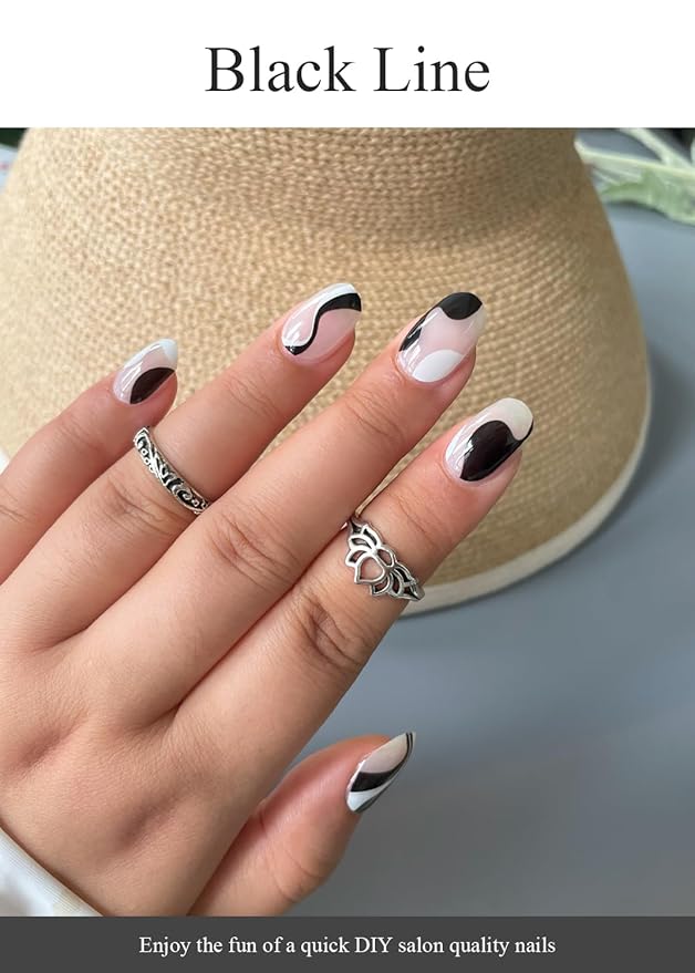 Semi Cured Gel Nail Strips (Black Line), 20 Pcs Gel Nail Wraps, Stickers, UV Light Required, Salon Quality, Long Lasting
